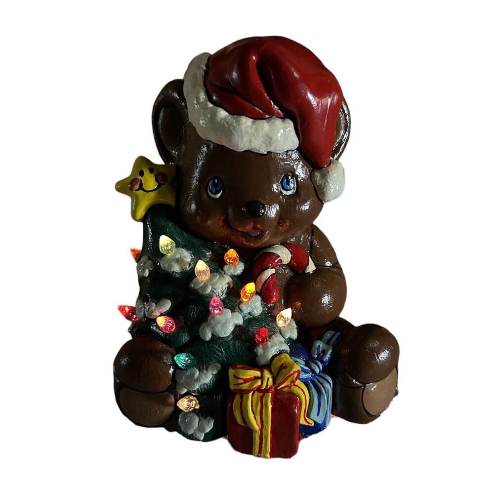 Vintage Santa Claus Bear Christmas Tree Lighted Ceramic 1990s Kitschy Decoration